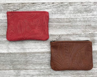 4.8" Floral Medium Leather Zipper Pouch, Medium Credit Card Zipper Pouch, Coin Pouch, Coin Case, Coin Purse, Made In USA.