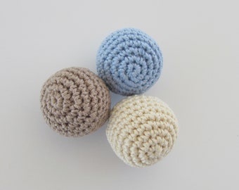 Extra Small Crocheted Squeaky Dog Toy Ball Set of 3, Natural Cotton Blue, Brown and White Toys