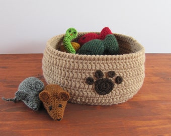 Crochet Pet Toy Storage Basket, Tan/Beige with Brown Paw Print Emblem, Made in USA