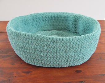 Round Teal Pet Bed with Removable Cushion, 17" Crocheted Dog Bed, Soft Sided Cat Basket