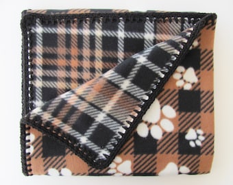 Handmade Reversible Fleece Pet Blanket, 30" x 36", for Dogs, Cats, Rabbits, Brown Plaid and Paw Print Couch Throw, Made in USA