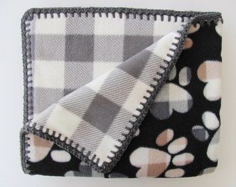 Handmade Double Thick Fleece Paw Print Pet Blanket, 30" x 36", Reversible Gray Buffalo Check Throw for Cats, Dogs, Rabbits, Made in USA