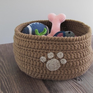 Brown Paw Print Pet Toy Basket, Soft Crocheted Storage Container, Pet Gift Idea