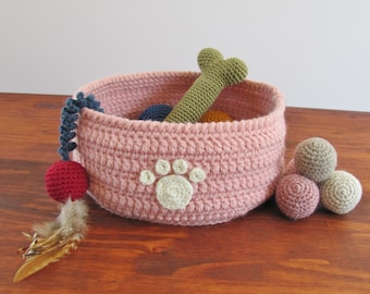 Paw Print Pet Toy Basket, Pink Crocheted Storage Container, Made in USA