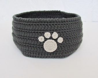 Handmade Pet Toy Basket, Storage for Dogs, Cats, Rabbits, Crocheted with Paw Print Emblem, Made in USA
