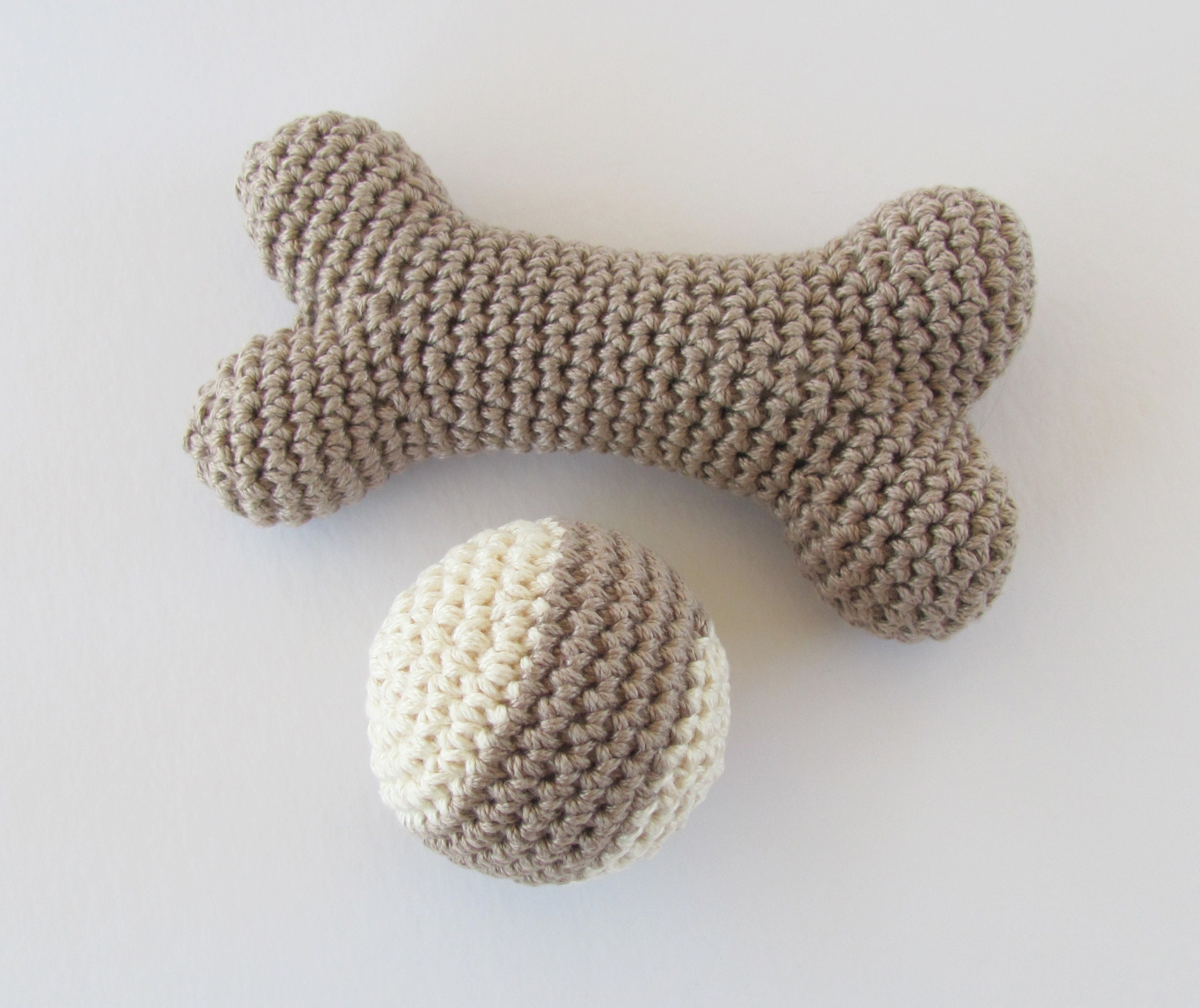 Crocheted Cotton Squeaky Dog Toy Set: Bone & Ball, Made in USA
