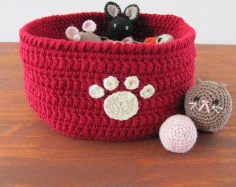 Red Paw Print Pet Toy Basket, Soft Crocheted Storage Container, Pet Lover Gift