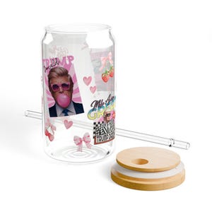 Trump 2024 Sipper Glass Tumbler: Patriotic Gift with Wood Lid & Straw