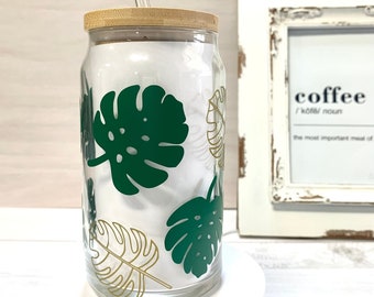 Monstera Glass Can Monstera Glass Cup Monstera Gifts Monstera Leaf Iced Coffee Glass Iced Coffee Cup Glass Cup with Bamboo Lid Libbey Glass