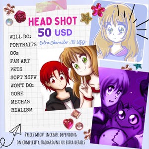 Puede incluir: Un anuncio de comisiones de retratos, con ilustraciones de estilo anime. El texto dice "HEAD SHOT 50 USD" y enumera los servicios ofrecidos, como retratos y fan art. Se proporcionan detalles adicionales sobre las limitaciones del artista.