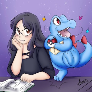 Trainer with One Pokémon, Anime Portrait, custom manga drawing, personalized digital portrait, cartoon illustration, pokemon commission