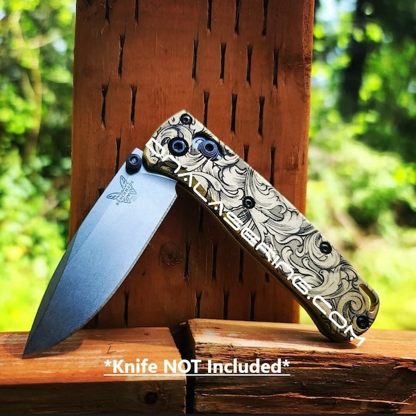 Leaf Scroll - MINI Benchmade Bugout Brass - Deep Laser Engraved Brass Scales - Flytanium Gear *Scales / knife handles Only*