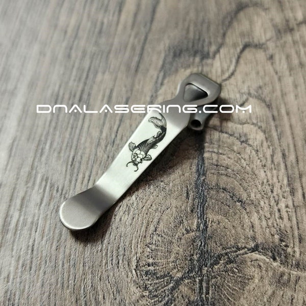 LynchNW Benchmade - Koi Fish -Laser Engraved Titanium - Deep Carry Pocket Knife Clip - Blacksmith, Satin or Sandwash Finish MADE in the USA!