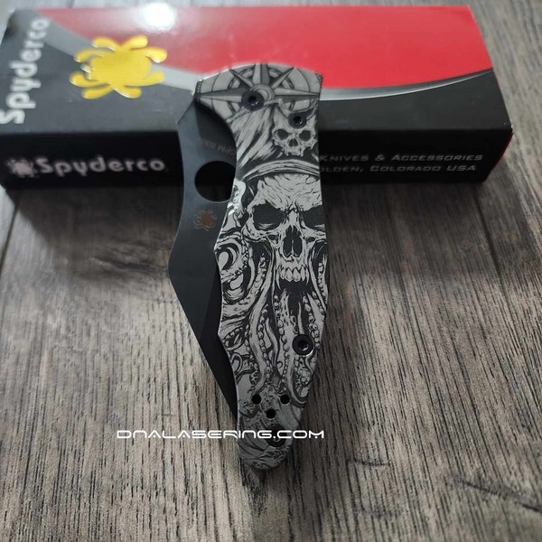 Davy Jones Skull - Kraken Skull - Spyderco Yojimbo 2 - Deep Laser Engraved - Titanium Scales - EDC Gear - *Fully Installed Knife Option*