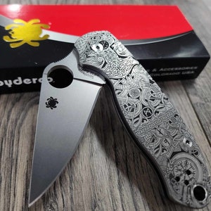 Viking Runes - Nordic Design - Spyderco PM3 - Laser Engraved Titanium Knife Scales - Paramilitary 3 - Optional Hardware & Knife Install