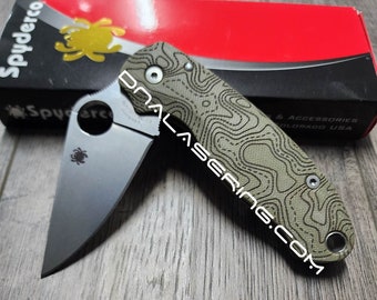 Topographic Map - Spyderco PM3 Lotus - Engraved OD Green G10 Knife Scales - Flytanium Gear - Knife & Hardware Optional