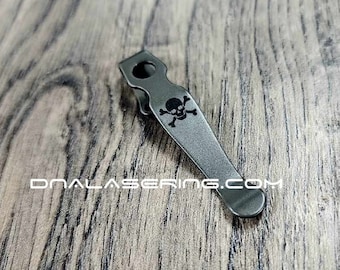 LynchNW Spyderco Shaman - Skull & Crossbones - Laser Engraved Titanium - Deep Carry Pocket Knife Clip - Blacksmith, Satin or Sandwash Finish