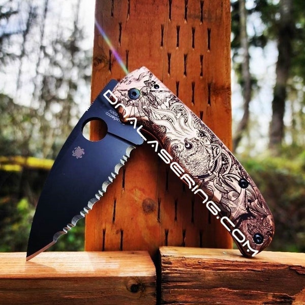 Kraken VS Pirate Ship - Spyderco Shaman - Laser Engraved Copper Knife Scales - Flytanium *Optional Knife Install*