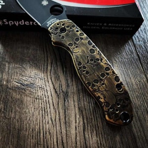 Skulls - Spyderco PM3 Brass - NEW Relief Engraving Style - Laser Engraved & Aged - Brass Scales -  Flytanium Gear - Knife Install Optional
