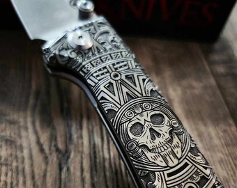 Chaves Knives Relief Engraved RCK9 With Dead Aztec Theme !! Titanium - M390 steel - COMPLETE KNIFE!! With Extra clip - New in box