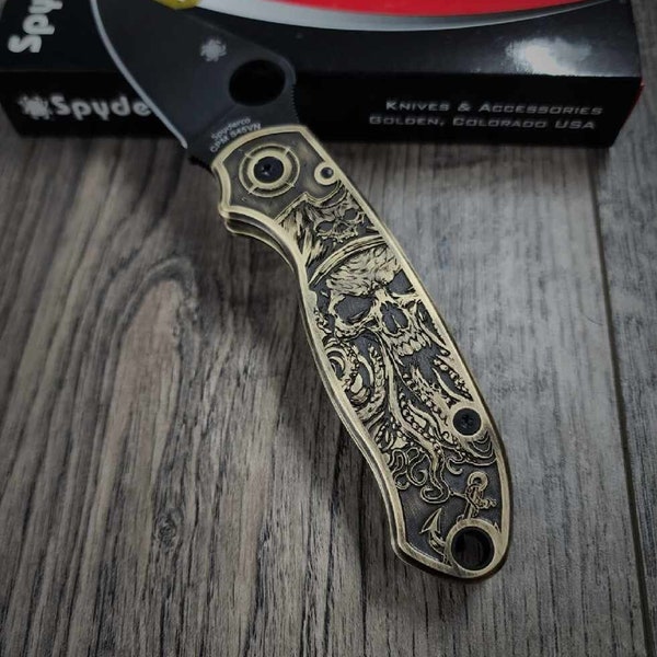 Davy Jones - Spyderco PM3 Brass - NEW Relief Engraving Style - Engraved & Aged - Brass Scales -  Flytanium Gear - Knife Install Optional