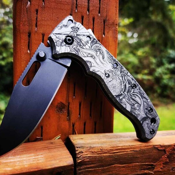 Titanium Demko 20.5 Kraken Vs Pirate ship deep engraved scales - EDC Gear - Knife NOT included - stonewashed