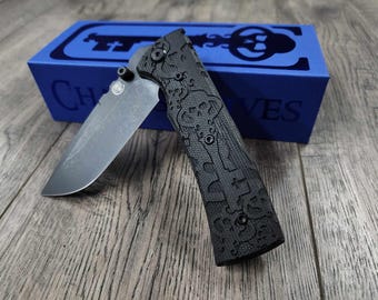 Blacked out Chaves Redencion 229 Black Micarta Laser Engraved Skull KEY Design COMPLETE Knife- Black ELMAX Blade- Drop Point & Tanto Options