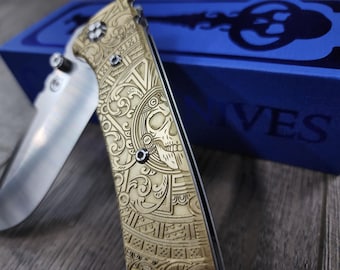 Chaves Redencion 229 - Cachas de latón grabadas con relieve azteca - Instalación del cuchillo opcional - 4 estilos de hoja - Nuevo en caja