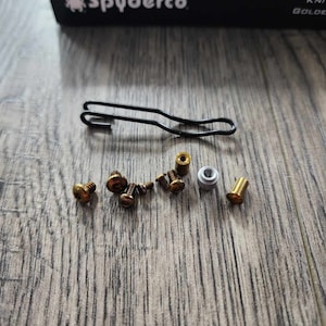 May include: A close-up of a set of small gold-coloured screws and a black metal clip. The screws are arranged on a wooden surface. The clip is a simple, curved design.
