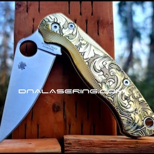 Leaf Scroll - Spyderco PM2 Lotus - NEW Relief Engraving Style - Deep Laser Engraved - Brass Knife Scales -Flytanium *Knife Install Optional*