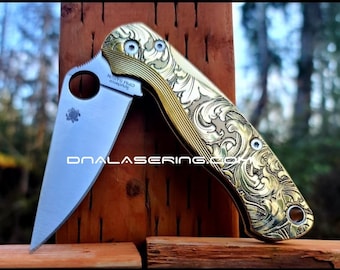 Leaf Scroll - Spyderco PM2 Lotus - NEW Relief Engraving Style - Deep Laser Engraved - Brass Knife Scales -Flytanium *Knife Install Optional*