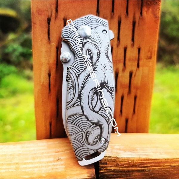 Kraken with Waves - CRKT - Squid Framelock - Deep Laser Engraved - Stainless Steel - Lucas Burnley - EDC Gear - Complete Knife