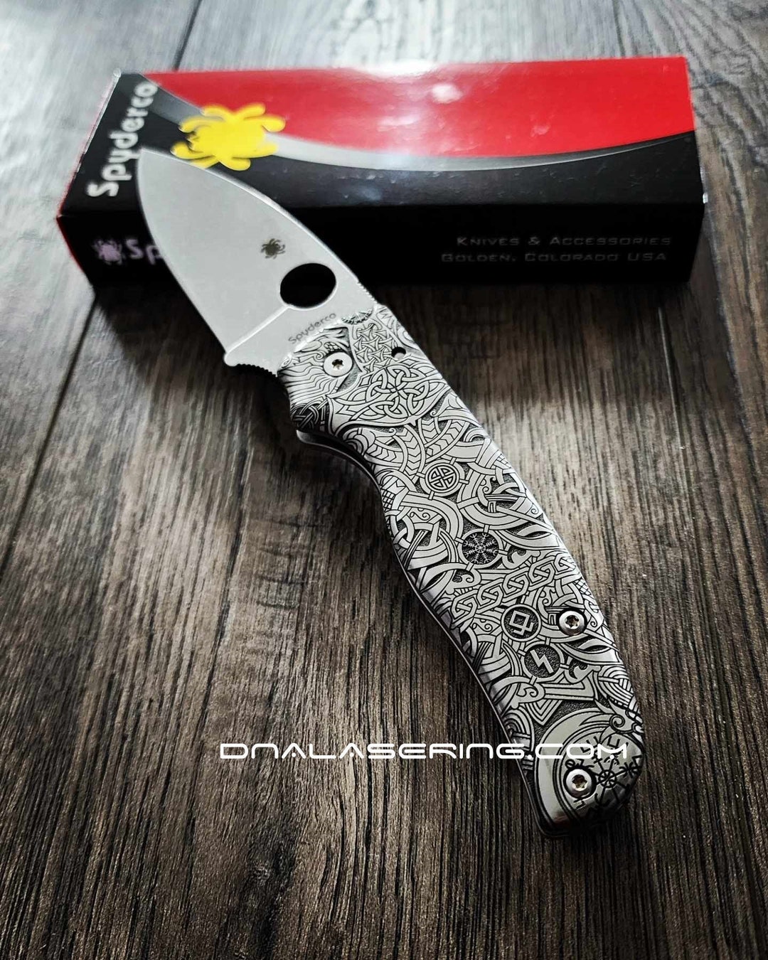 Spyderco Shaman - Viking Runes - Relief Laser Engraved - Titanium ...