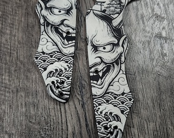 Spyderco Yojumbo Titanium Scales | Black Cerakote Japanese Oni Design | Custom Laser Engraved Titanium Scales | Samurai EDC Upgrade