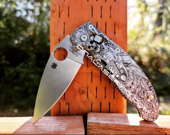 Guerriero giapponese - Teschi samurai - Spyderco Manix 2 - Scaglie di titanio incise al laser profondo - Ingranaggio Flytanium *Installazione coltello opzionale*