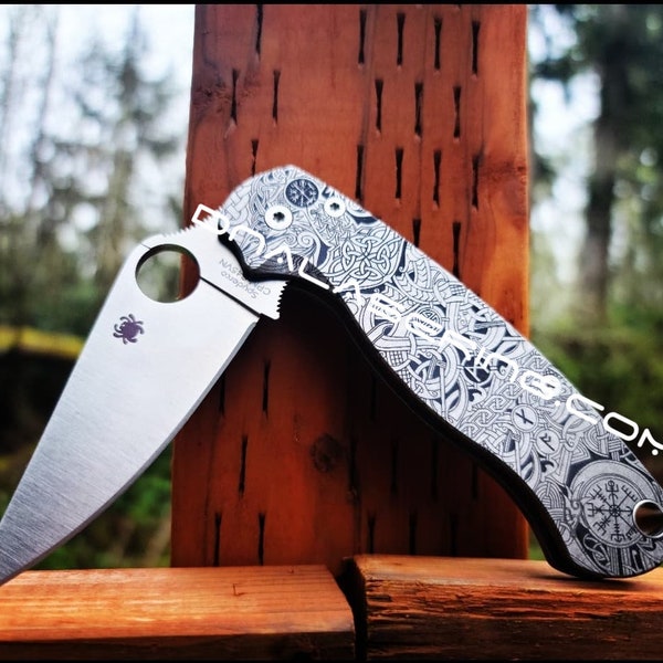 Nordische Runen - Keltisch - Spyderco PM2 TI - Faserlaser Tiefgraviert - PM2 Titan Messerwaage - Flytanium Zahnrad - Messer & Hardware Optional