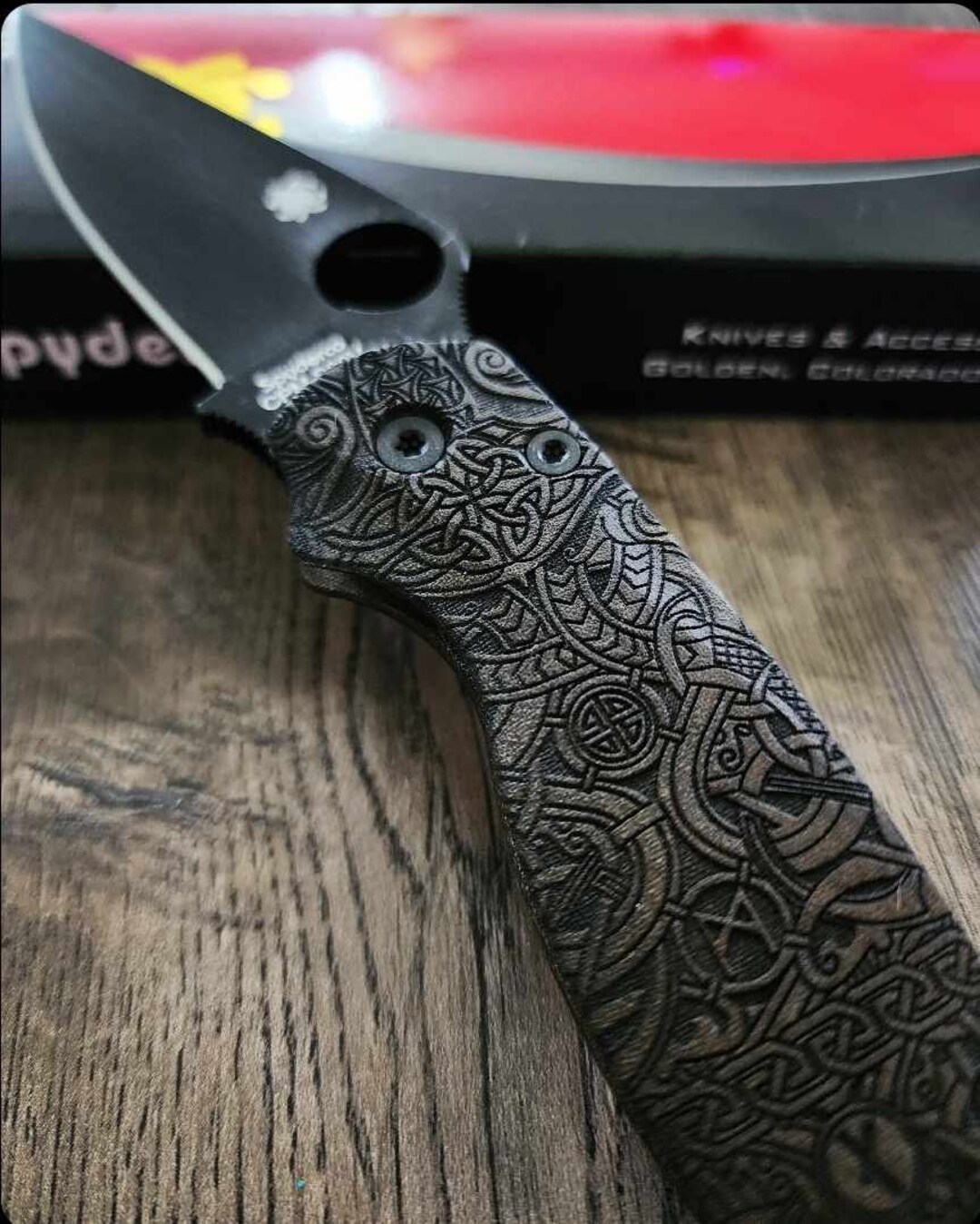 Pm2 Spyderco Dark Green Micarta Scales With Viking/runes Deep Engraving ...