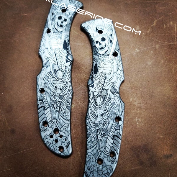 Spyderco Endura - Japanese Warrior - Samurai Skulls - Deep Laser Engraved Titanium Scales - EDC Gear *Scales Only*