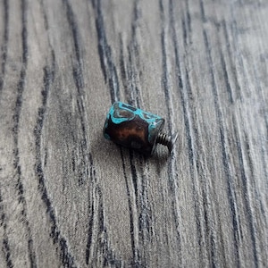 May include: A small, cylindrical, turquoise and brown knob with a silver screw. The knob is made of a textured material and has a rustic look.