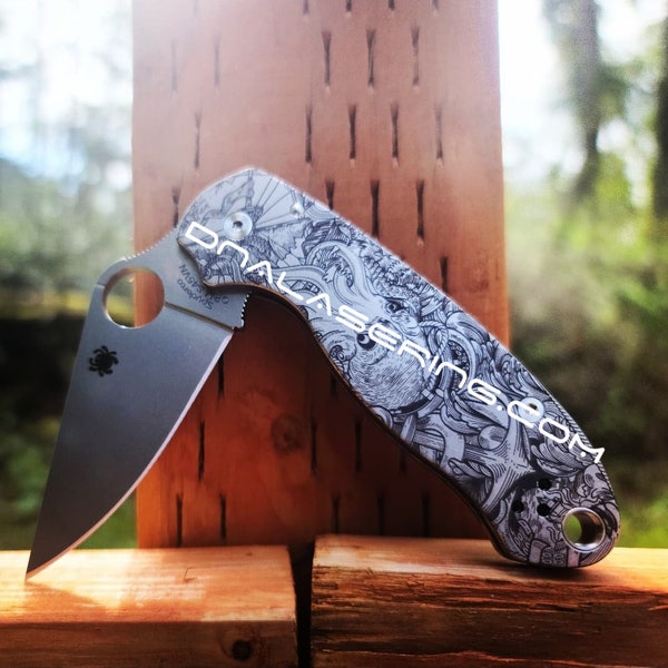 Kraken VS Pirate Ship - Spyderco PM3 - Fiber Laser Deep Engraved - Titanium Knife Scales - EDC Gear - Hardware & Knife Install Options