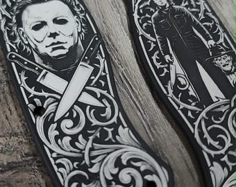 Custom Spyderco PM2 Black Aluminum Loop Scales | Michael Myers & Freddy Krueger Horror Engraving | Custom Laser Engraved