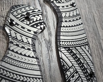 Maori Tattoo - Spyderco PM2 TI - Tamoko Deep Laser Engraved Titanium PM2 Knife Scales - Flytanium - Knife & Hardware Optional