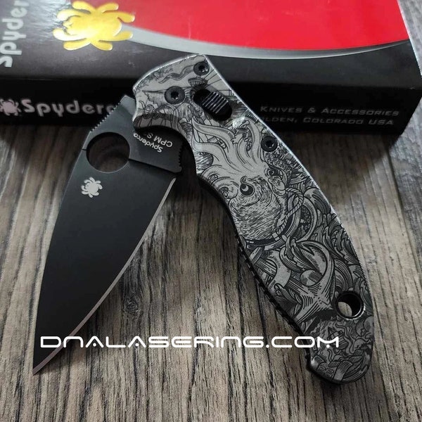 Kraken VS Pirate Ship - Spyderco Manix 2 - Deep Laser Engraved - Titanium Knife Scales - Flytanium Gear *Knife Install Optional*