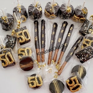 50th Birthday.  Chocolate Dipped Treat Box.  Chocolate Oreos, Pretzels, Marshmallow Pops,  Rice Krispie Treats