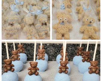 Teddy Bear Theme Cakepops.  Rice Krispie Teddy Bears. Chocolate Pretzels. We Can Bearly Wait.