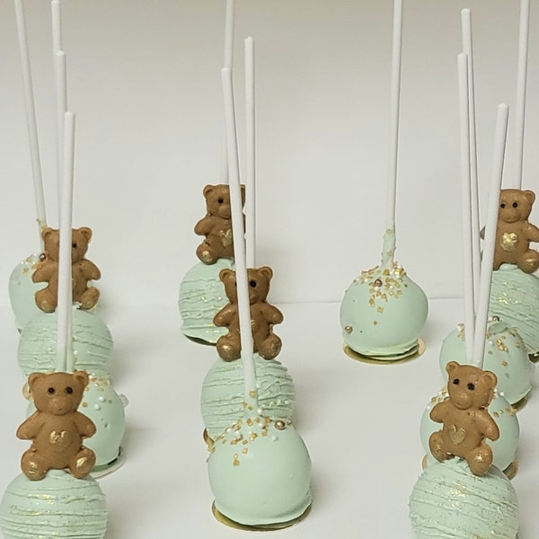 Bear Cakepops. Chocolate Dipped Rice Krispies.  Chocolate Dipped Pretzels  We Can Bearly Wait. Mint Green Treats.