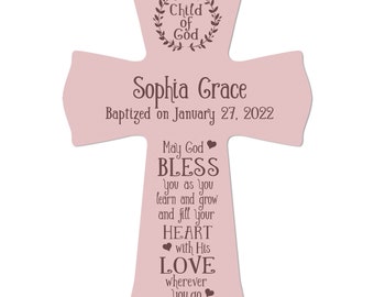 PINK Personalized Baptism Gift | First Communion | Christening | Dedication Cross| Bedroom Decoration | May God Bless You | 8.5" x 11"