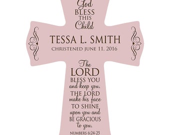 PINK Personalized Baptism Gift First Communion Christening Dedication Cross Decoration God Bless This Child the Lord Bless You & Keep You