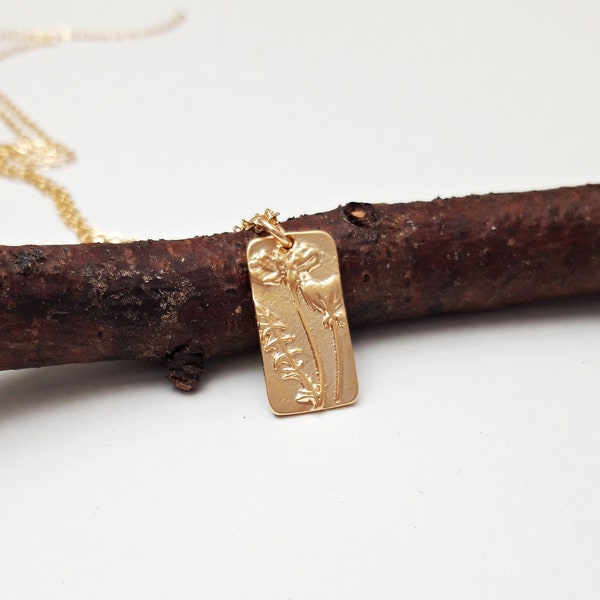 Gold floral necklace, Botanical jewelry, Minimalist flower pendant, Nature jewelry, Vintage rectangular coin necklace