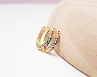 Small multicolor hoops, Gold hoop earrings, huggie rainbow hoops, minimalist earrings, multicolored jewelry, sterling silver hoops